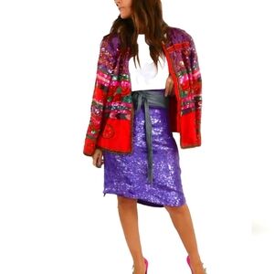 Laurence Kazar Vintage 80s Beaded Sequin Blazer Bold Red Purple XL Rare Style